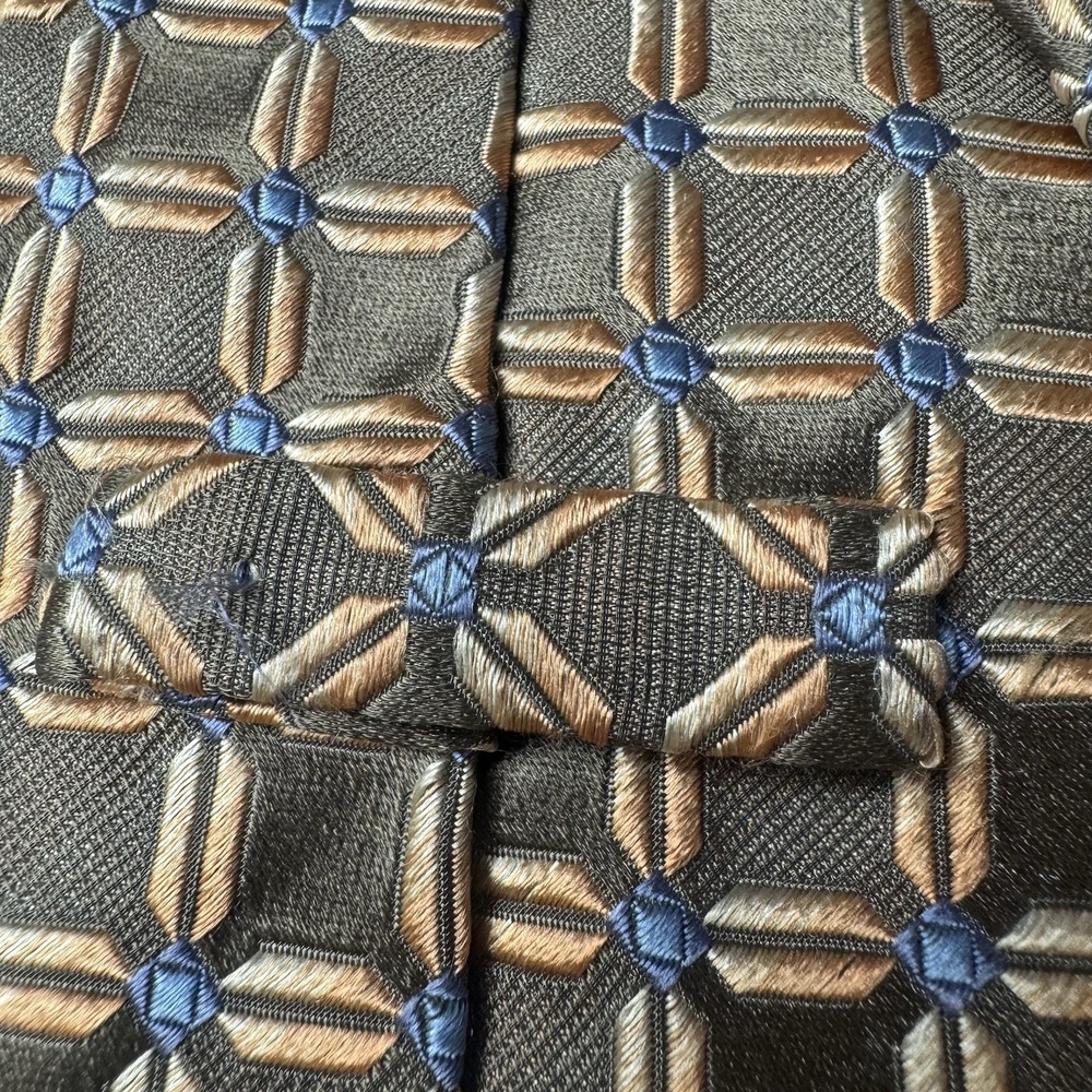Ermenegildo Zegna Geometric 100% Silk Neck Tie Tan Blue 60 X 3.5 " - Picture 6 of 7